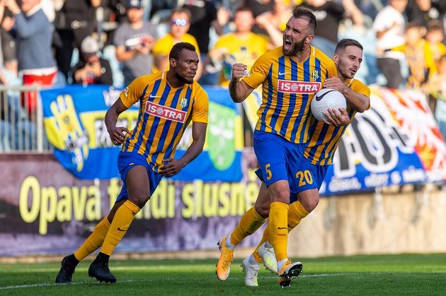 Opava joy.  From left, Joss Didiba, Jan Žídek and Karol Mondek celebrate a goal.