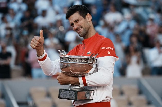 Clay King Novak Djokovic with a trophy for the winner of the French Open.  The Serbian tennis player won the final over the Greek Tsitsipas.