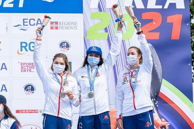 Mistrovství Evropy ve vodním slalomu. Zleva Veronika Vojtová, Antonie Galušková a Kateřina Minařík Kudějová.