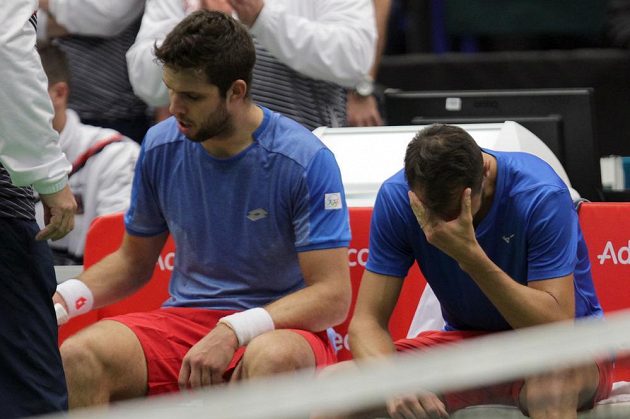 Zdrcení Jiří Veselý (vlevo) a Lukáš Rosol po prohrané čtyřhře s Nizozemskem.