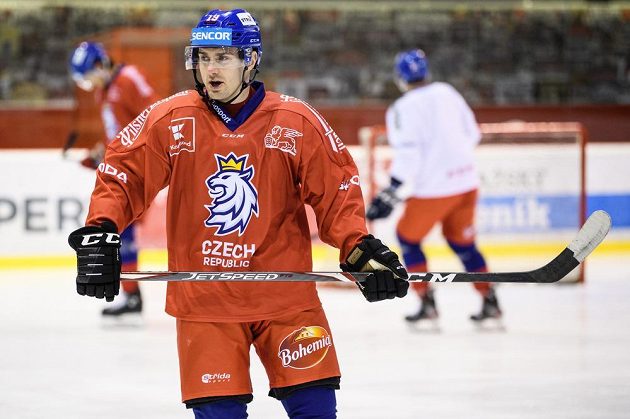 Jakub Flek během tréninku hokejové reprezentace před turnajem Beijer Hockey Games.