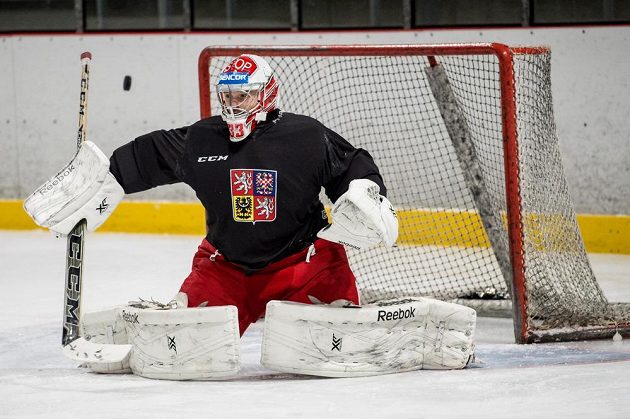 Brankář Dominik Furch během tréninku české hokejové reprezentace před turnajem Channel One Cup.