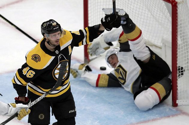 Český útočník Bostonu David Krejčí oslavuje svůj gól do sítě vegas v zápase NHL.