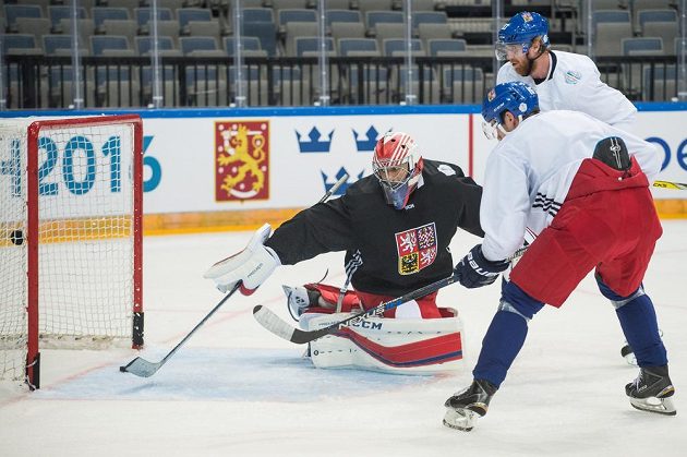 Brankář Ondřej Pavelec a útočník Jakub Voráček během tréninku české hokejové reprezentace.