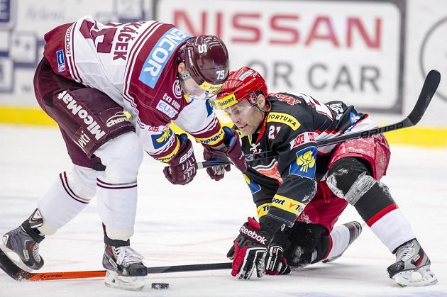 Zleva Jan Piskáček ze Sparty a Jaroslav Kudrna z Hradce Králové ve čtvrtém čtvrtfinále play off extraligy.