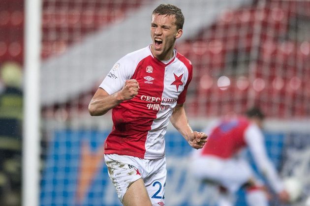 Tomáš Souček ze Slavie jásá po gólu během utkání 19. kola Synot ligy s Baníkem.