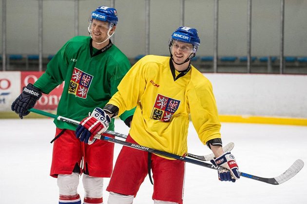 Útočníci Jan Buchtele (vpravo) a Tomáš Urban během tréninku hokejové reprezentace v Letňanech.