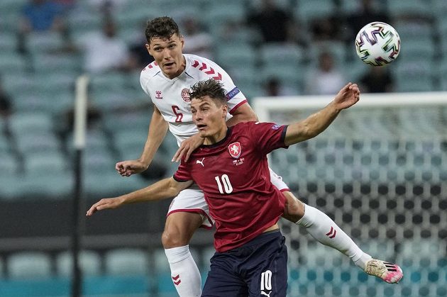 Danish footballer Andreas Christensen in a duel with Czech gunner Patrik Schick during the EURO quarterfinals.