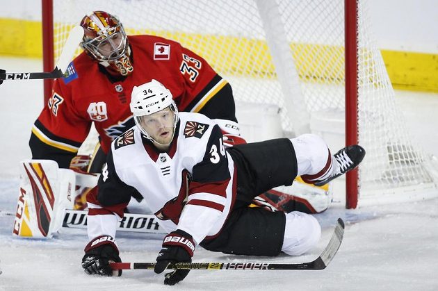 Hokejista Arizony Coyotes Carl Soderberg narazil v pádu do českého gólmana Davida Ritticha z Calgary Flames.