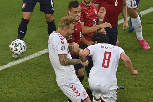 Danish footballer Thomas Delaney (right) scores a goal in the quarterfinals of EURO with the Czech Republic. 