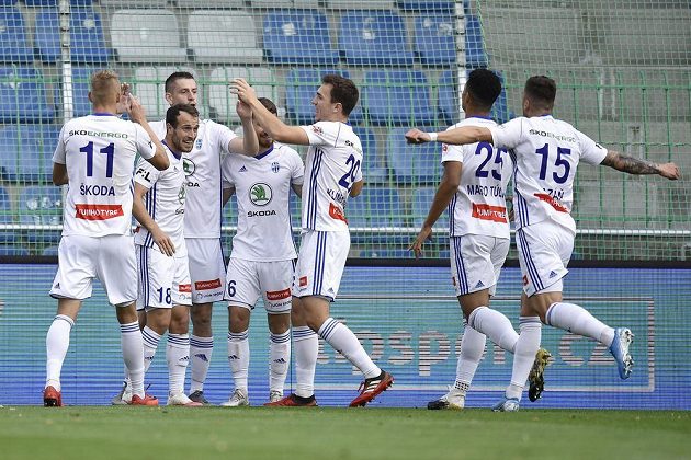 Mladá Boleslav footballers rejoice at the goal.