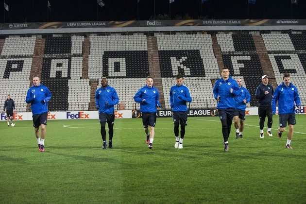 Trénink fotbalistů Slovanu Liberec na stadiónu PAOK Soluň.