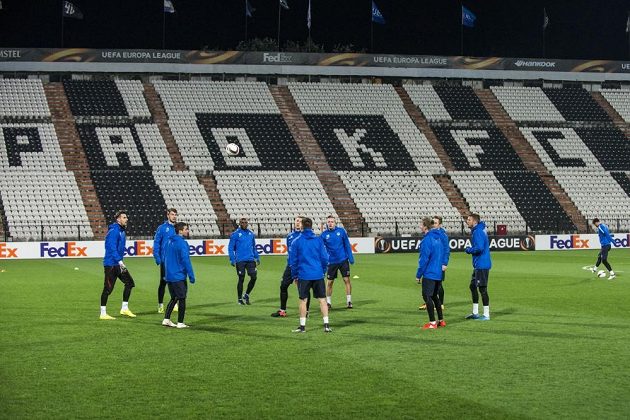 Trénink fotbalistů Slovanu Liberec na stadiónu PAOK Soluň.