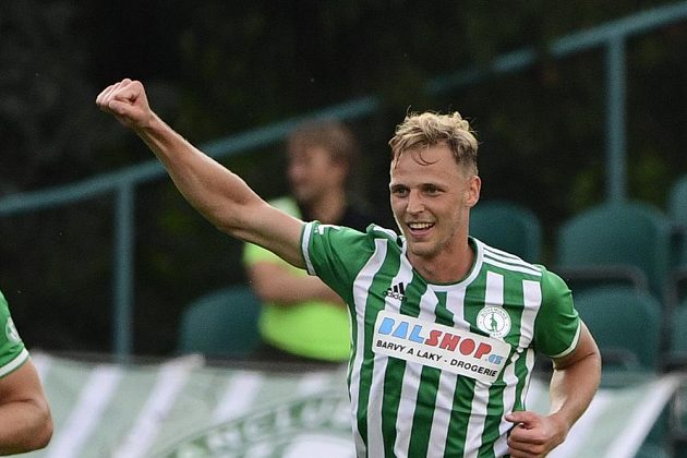 Fotbalista Bohemians 1905 David Puškáč se raduje z proměněné penalty v utkání 2.kola Fortuna ligy proti Plzni.