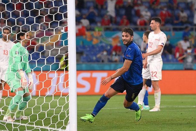 Italian Manuel Locatelli scores a goal against Switzerland against the EURO.