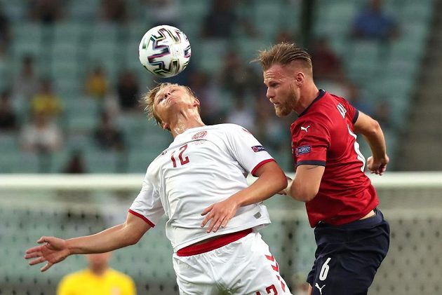 Danish football player Kasper Dolberg in action with Tomáš Kalas during the EURO quarterfinals.