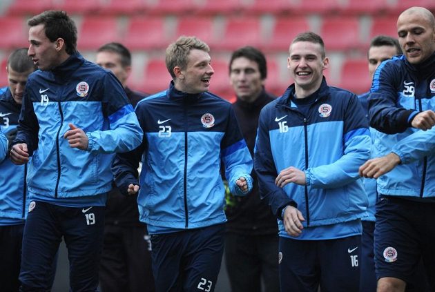 Zleva Matěj Hybš, Ladislav Krejčí, Pavel Kadeřábek a Roman Bednář během otevřeného tréninku pro fanoušky před utkáním s Plzní.