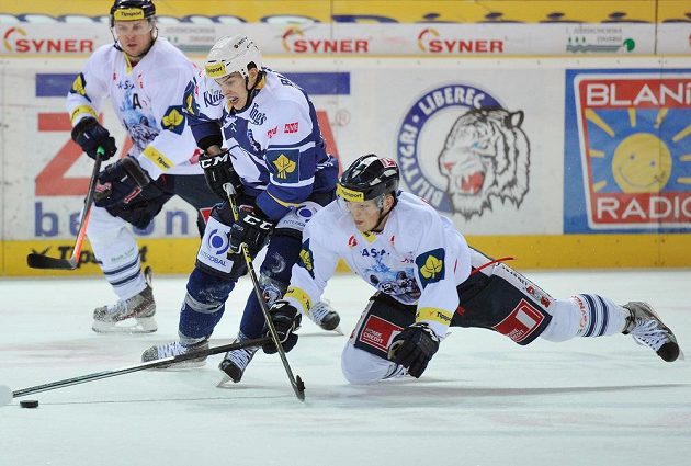 Radim Šimek (vpravo) z Liberec a Mario Bližňák z Plzně v utkání 36. kola Tipsport extraligy.