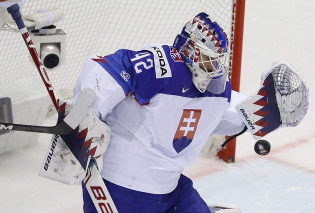 Brankář slovenské hokejové reprezentace Patrik Rybár v akci na mistrovství světa.