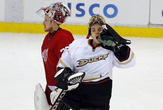 Brankář Detroitu Jimmy Howard míjí o pauze v průběhu druhé periody Jonase Hillera z Anaheimu. Kromě jejich odlišné klubové příslušnosti je ve třetím zápase 1. kola play off NHL výrazně rozlišil počet inkasovaných branek.