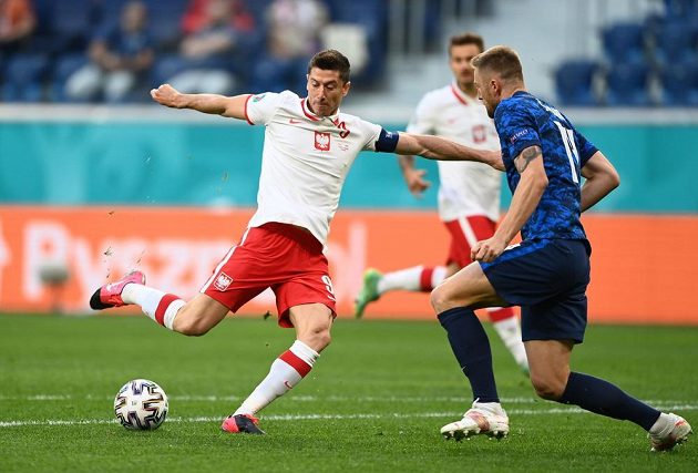 Polish bomber Robert Lewandowski shoots at Slovakia's goal during the EURO.