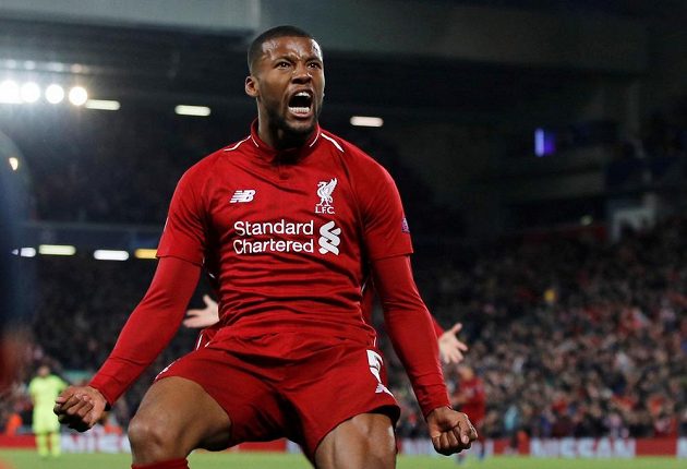 Liverpoolský Georginio Wijnaldum se raduje po třetím gólu svého týmu proti Barceloně.