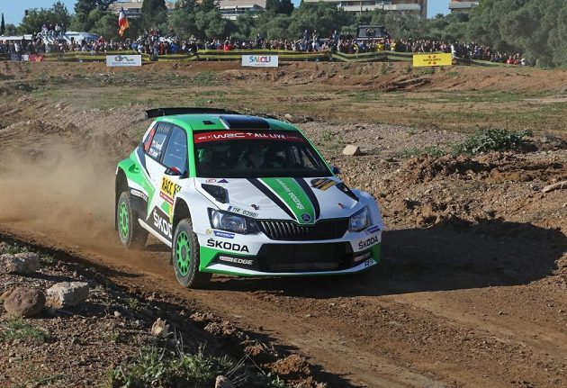 Jan Kopecký se Škodou Fabia R5 při ostrém testu před startem Španělské rallye.