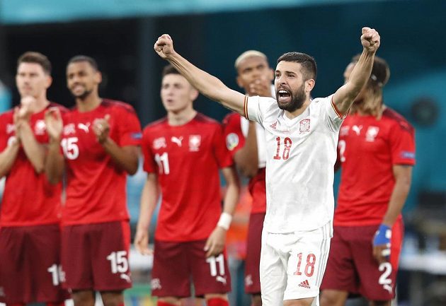 Spain is the first EURO semifinalist.  Jordi Alba celebrates the passage through Switzerland after a penalty shootout.