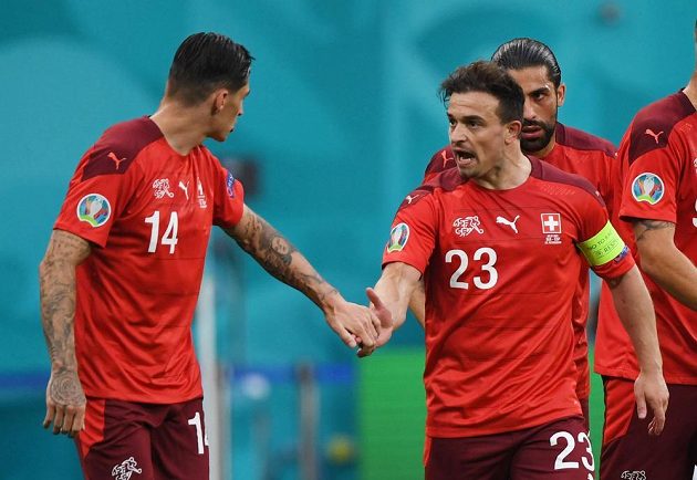 Swiss goal scorer Xherdan Shaqiri celebrates a Spanish goal in the quarterfinals of the EURO.