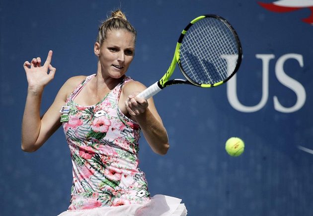 Kristýna Plíškova při utkání prvního kola US Open s Japonkou Misu Egučiovou.