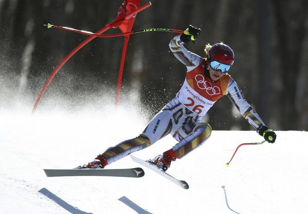 Ester Ledecká na trati superobřího slalomu, v němž získala naprosto nečekaně olympijské zlato!