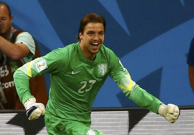 Nizozemský hrdina - náhradní brankář Tim Krul - poté, co vychytal postup do semfinále MS v penaltovém rozstřelu s Kostaričany.
