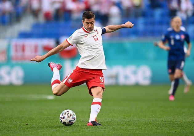 Polish national team gunner Robert Lewandowski shoots on goal during the EURO.