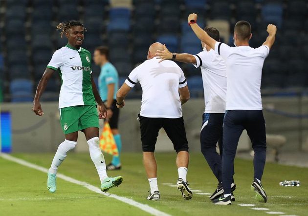 Football player Maccabi Haifa Godsway Donyoh celebrates a goal with Slavia against Slavia in the Conference League.