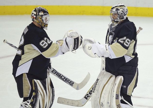 Tomáše Vokouna (vlevo) střídá v brance Pittsburghu po třetí inkasované brance Marc-Andre Fleury.