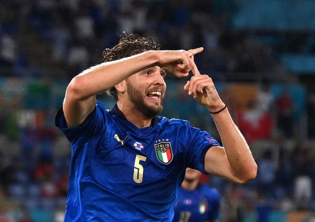 Italian Manuel Locatelli celebrates a goal against Switzerland.