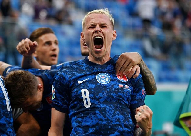 Euphoria.  The Slovak national team member Ondřej Duda celebrates after Milan Škriniar decided the EURO match against Poland.