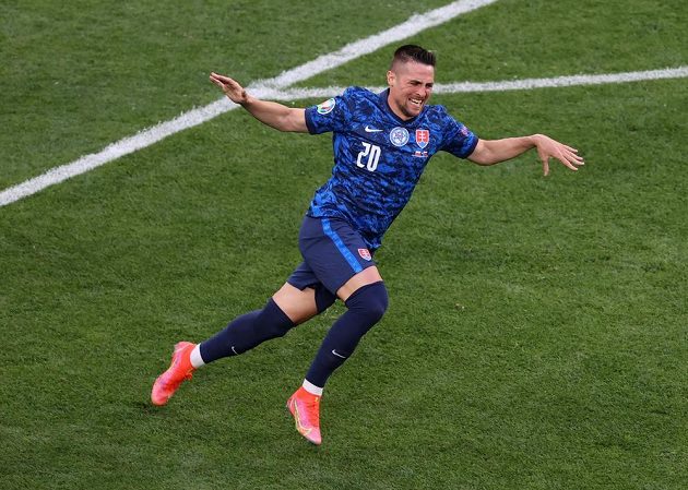 Slovak football representative Robert Mak celebrates a goal in the Polish net during the EURO match.