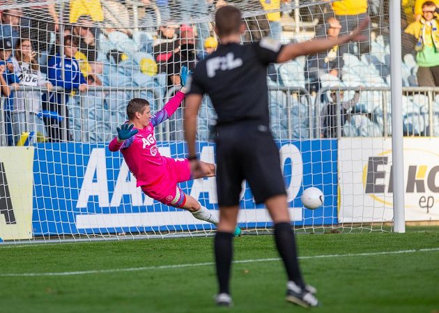 Teh keeper Teplic Tomáš Grigar gets a goal from the penalty area.