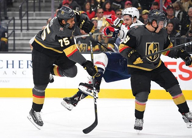 Ryan Reaves (vlevo) z Vegas Golden Knight sráží v úvodní třetině zápasu Toma Wilsona z Washingtonu.