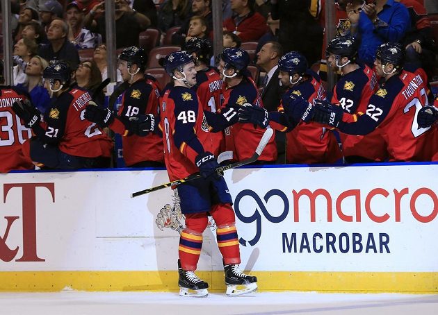 Hokejisté Floridy se radují z jedné z branek v zápase NHL proti New Yorku Rangers.