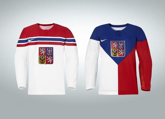 Dvě sady dresů, které bude česká hokejová reprezentace oblékat na olympijských hrách v Soči.