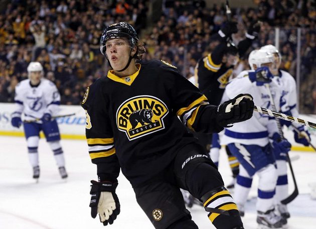 David Pastrňák z Bostonu slaví jednu ze svých dvou tref v duelu proti Tampě Bay.