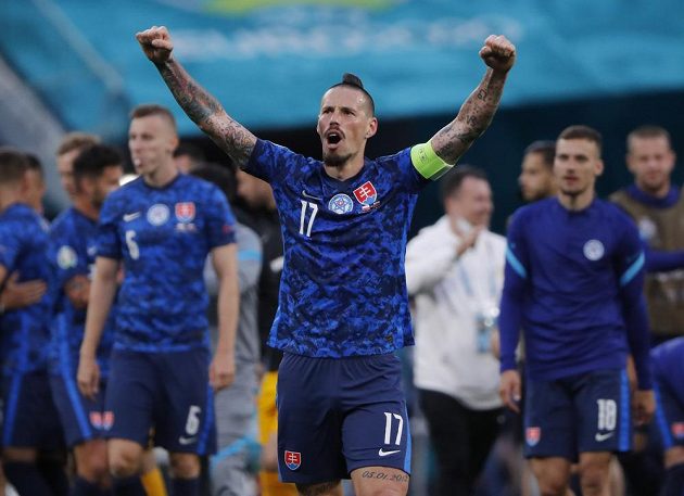 The leader of the Slovak national football team, Marek Hamšík, celebrates the EURO victory over Poland.