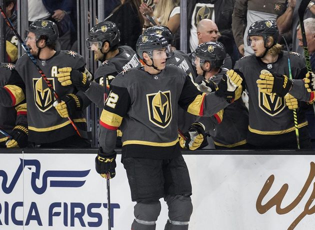 Útočník Vegas Golden Knights Tomáš Nosek (92) slaví se spoluhráči vstřelený gól.