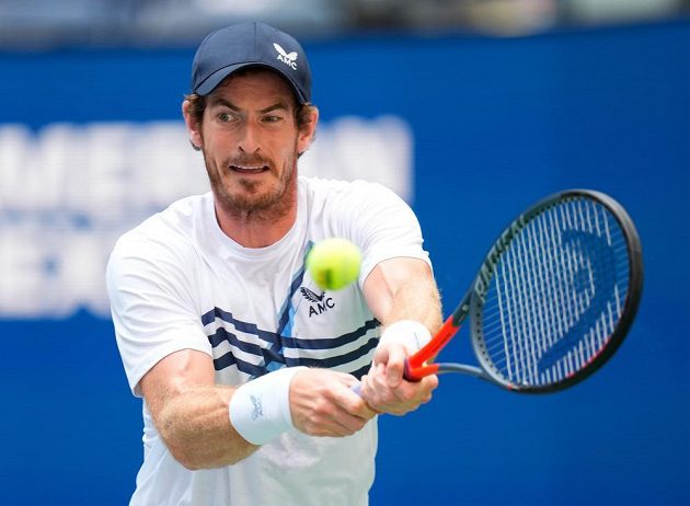 British tennis player Andy Murray strikes back during the first round of the US Open against Stefanos Tsitsipas.