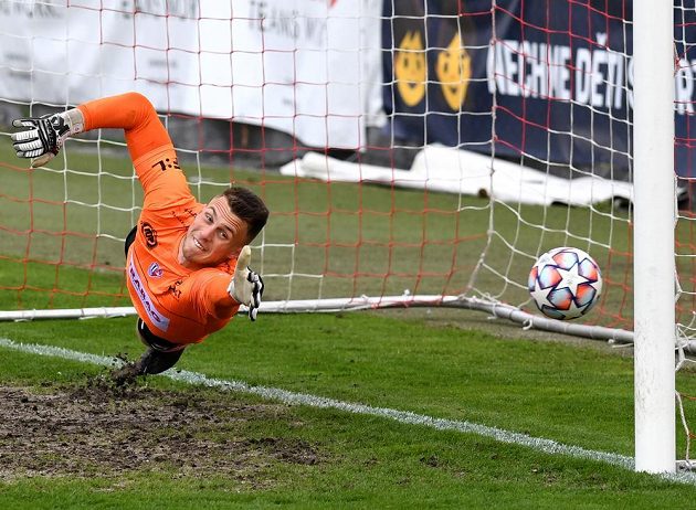 Brankář Pardubic Jiří Letáček inkasuje první gól v utkání 30. kola Fortuna ligy.
