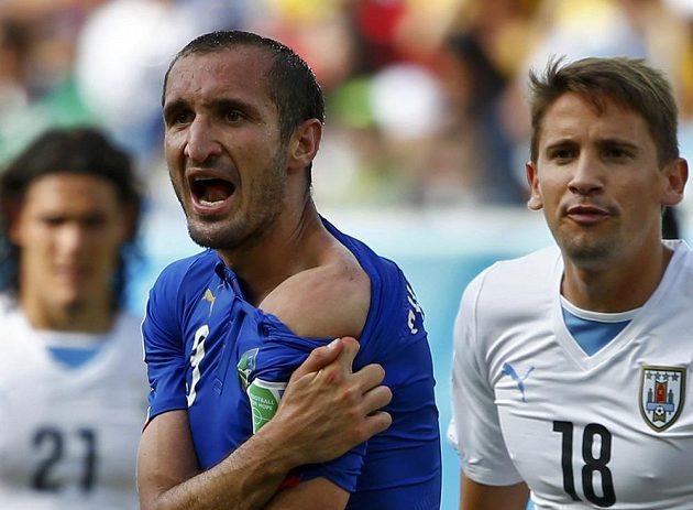 Italský zadák Giorgio Chiellini ukazuje sudímu rameno, do něhož ho o chvíli dříve kousl uruguayský snajpr Luis Suárez.