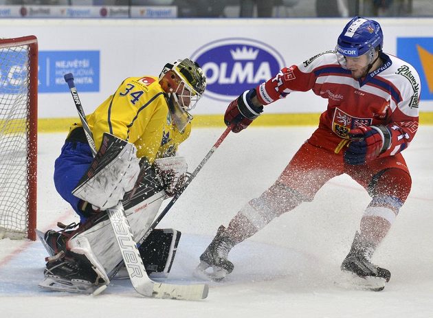 Brankář Švédska Joel Lassinantti a Tomás Filippi z české reprezentace v utkání turnaje Karjala.