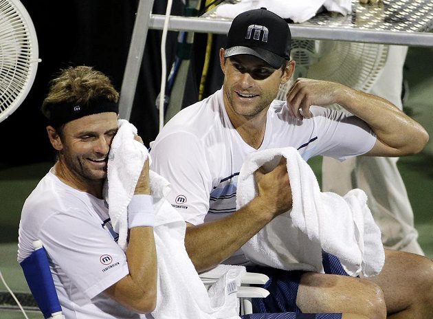 Američtí tenisté Andy Roddick (vpravo) a Mardy Fish na lavičce během zápasu v Atlantě.